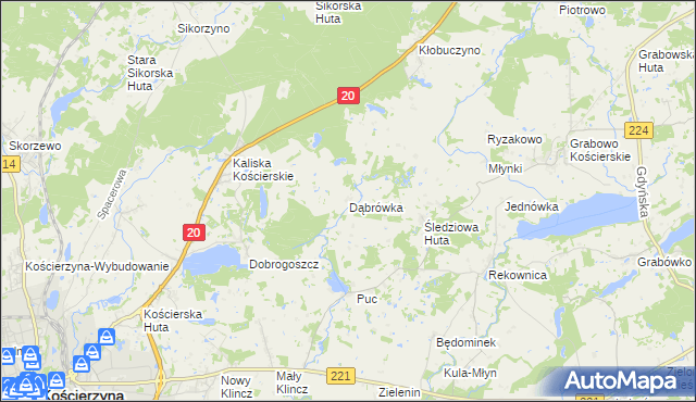 mapa Dąbrówka gmina Kościerzyna, Dąbrówka gmina Kościerzyna na mapie Targeo