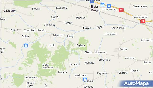 mapa Dębina gmina Biała, Dębina gmina Biała na mapie Targeo