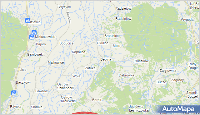 mapa Dębina gmina Rzezawa, Dębina gmina Rzezawa na mapie Targeo
