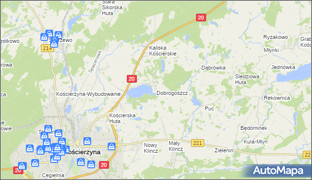 mapa Dobrogoszcz gmina Kościerzyna, Dobrogoszcz gmina Kościerzyna na mapie Targeo