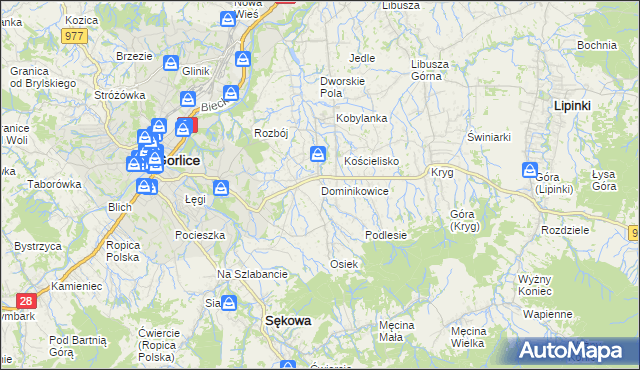 mapa Dominikowice gmina Gorlice, Dominikowice gmina Gorlice na mapie Targeo