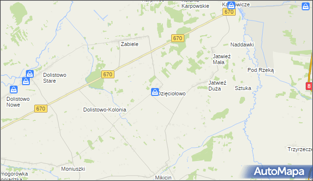 mapa Dzięciołowo gmina Jaświły, Dzięciołowo gmina Jaświły na mapie Targeo