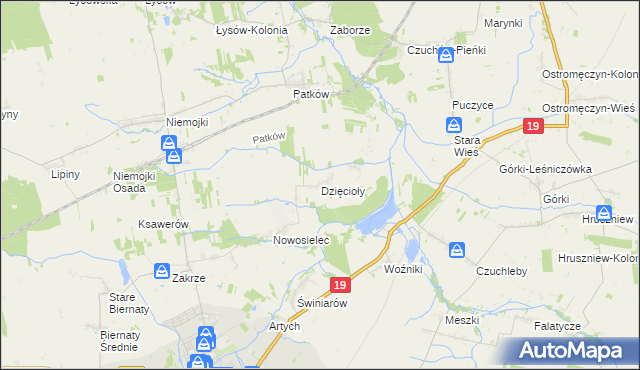mapa Dzięcioły gmina Łosice, Dzięcioły gmina Łosice na mapie Targeo