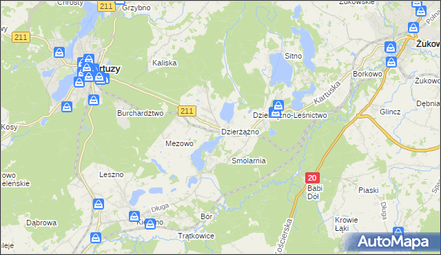 mapa Dzierżążno gmina Kartuzy, Dzierżążno gmina Kartuzy na mapie Targeo