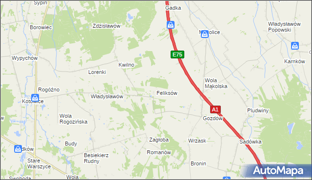 mapa Feliksów gmina Głowno, Feliksów gmina Głowno na mapie Targeo