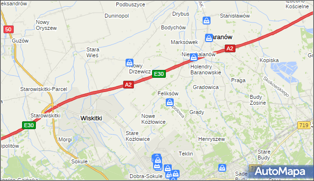 mapa Feliksów gmina Wiskitki, Feliksów gmina Wiskitki na mapie Targeo