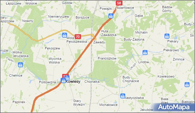mapa Franciszków gmina Kowiesy, Franciszków gmina Kowiesy na mapie Targeo