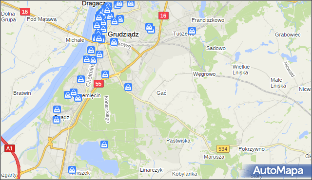 mapa Gać gmina Grudziądz, Gać gmina Grudziądz na mapie Targeo