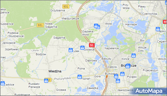 mapa Gilowice gmina Miedźna, Gilowice gmina Miedźna na mapie Targeo
