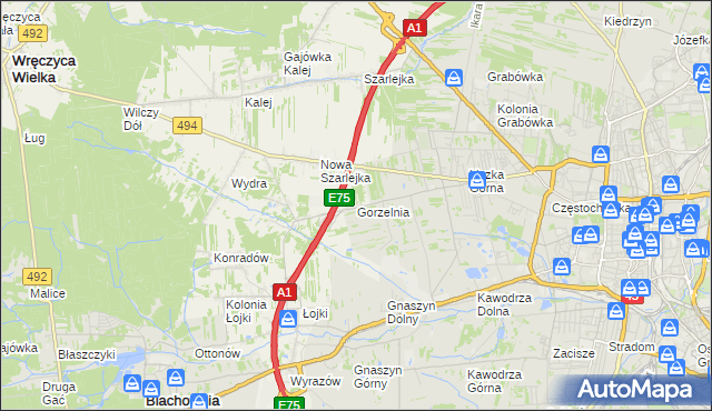 mapa Gorzelnia gmina Blachownia, Gorzelnia gmina Blachownia na mapie Targeo