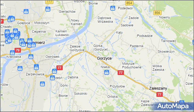 mapa Gorzyce powiat tarnobrzeski, Gorzyce powiat tarnobrzeski na mapie Targeo