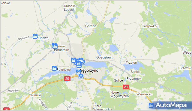 mapa Gościsław gmina Węgorzyno, Gościsław gmina Węgorzyno na mapie Targeo