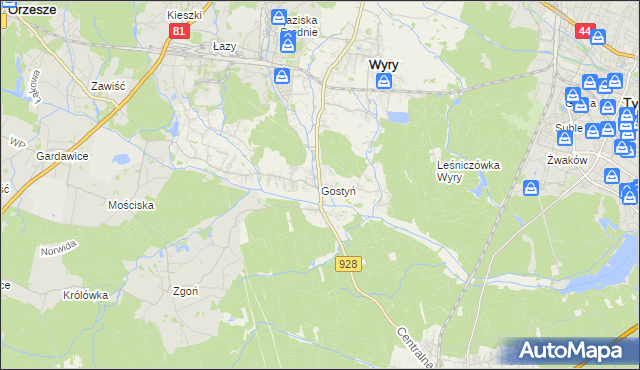 mapa Gostyń gmina Wyry, Gostyń gmina Wyry na mapie Targeo