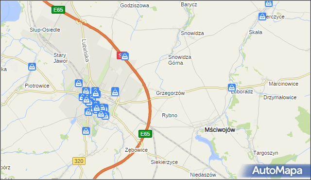 mapa Grzegorzów gmina Mściwojów, Grzegorzów gmina Mściwojów na mapie Targeo