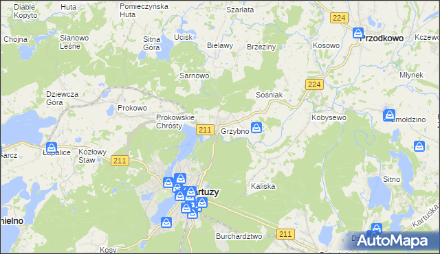 mapa Grzybno gmina Kartuzy, Grzybno gmina Kartuzy na mapie Targeo