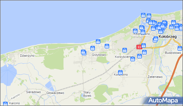 mapa Grzybowo gmina Kołobrzeg, Grzybowo gmina Kołobrzeg na mapie Targeo