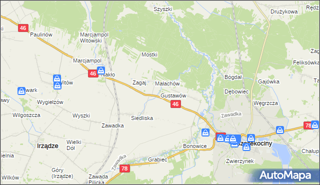 mapa Gustawów gmina Szczekociny, Gustawów gmina Szczekociny na mapie Targeo