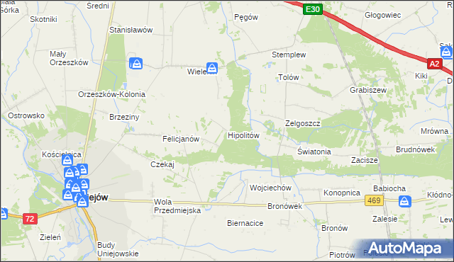 mapa Hipolitów gmina Uniejów, Hipolitów gmina Uniejów na mapie Targeo