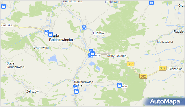 mapa Iwiny gmina Warta Bolesławiecka, Iwiny gmina Warta Bolesławiecka na mapie Targeo