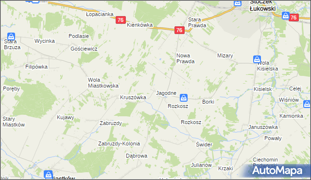 mapa Jagodne gmina Stoczek Łukowski, Jagodne gmina Stoczek Łukowski na mapie Targeo