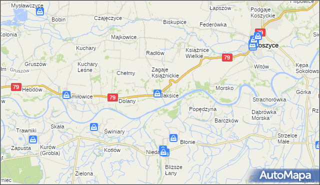 mapa Jaksice gmina Koszyce, Jaksice gmina Koszyce na mapie Targeo