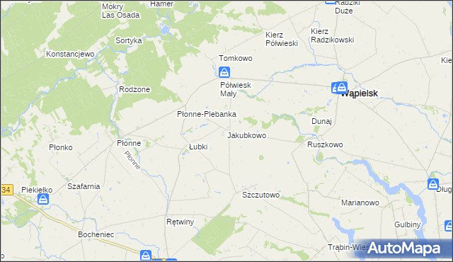 mapa Jakubkowo gmina Radomin, Jakubkowo gmina Radomin na mapie Targeo