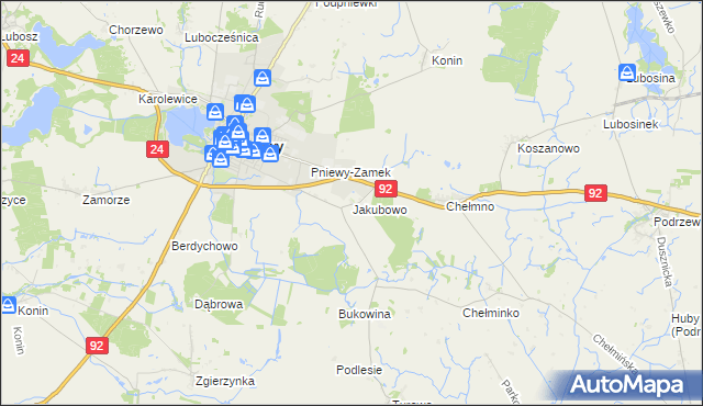 mapa Jakubowo gmina Pniewy, Jakubowo gmina Pniewy na mapie Targeo