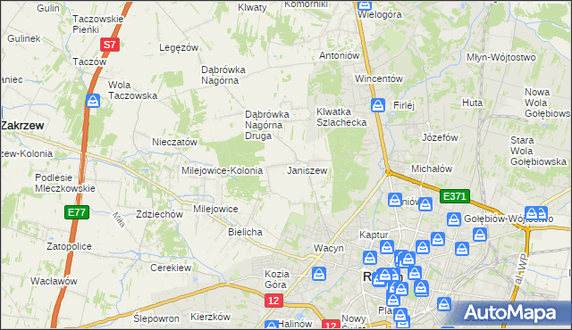 mapa Janiszew gmina Zakrzew, Janiszew gmina Zakrzew na mapie Targeo