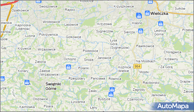 mapa Janowice gmina Wieliczka, Janowice gmina Wieliczka na mapie Targeo