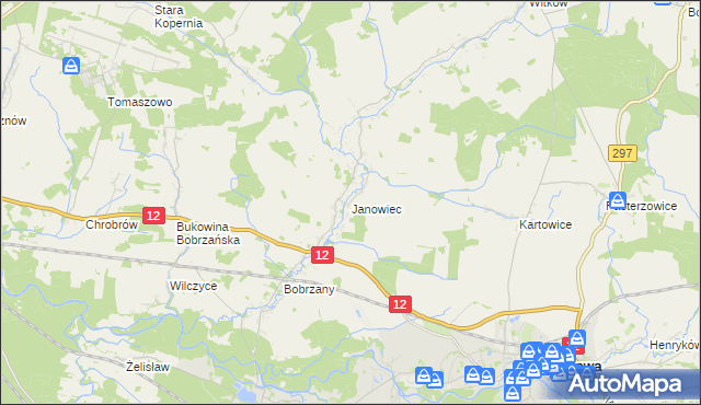 mapa Janowiec gmina Małomice, Janowiec gmina Małomice na mapie Targeo