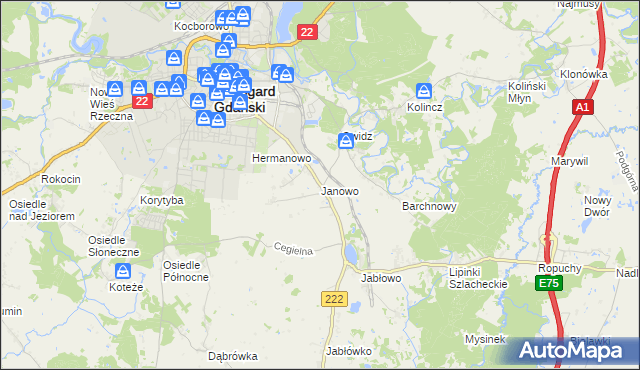 mapa Janowo gmina Starogard Gdański, Janowo gmina Starogard Gdański na mapie Targeo