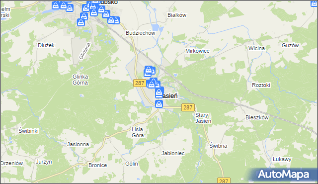 mapa Jasień powiat żarski, Jasień powiat żarski na mapie Targeo