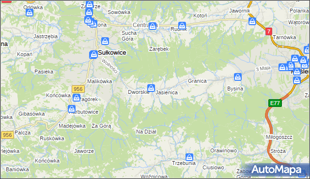 mapa Jasienica gmina Myślenice, Jasienica gmina Myślenice na mapie Targeo