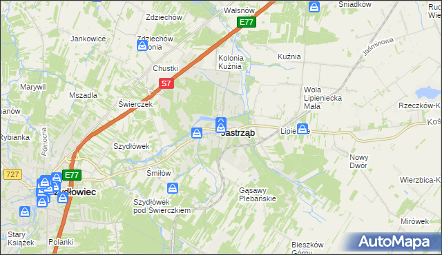 mapa Jastrząb powiat szydłowiecki, Jastrząb powiat szydłowiecki na mapie Targeo