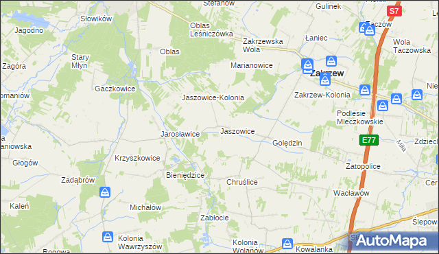 mapa Jaszowice gmina Zakrzew, Jaszowice gmina Zakrzew na mapie Targeo