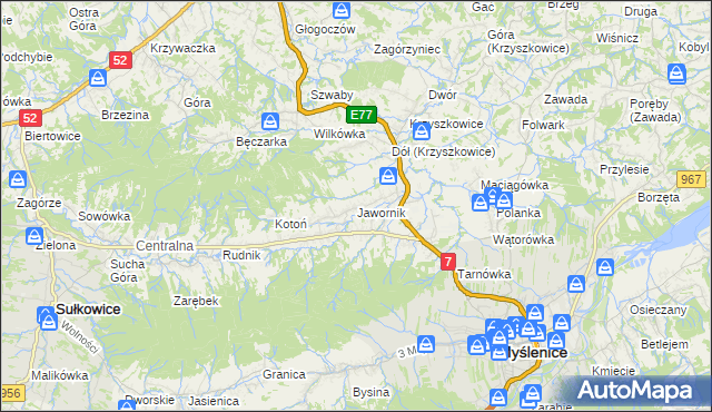 mapa Jawornik gmina Myślenice, Jawornik gmina Myślenice na mapie Targeo