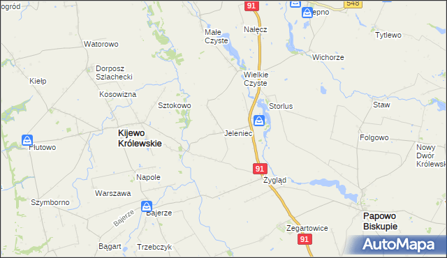 mapa Jeleniec gmina Papowo Biskupie, Jeleniec gmina Papowo Biskupie na mapie Targeo