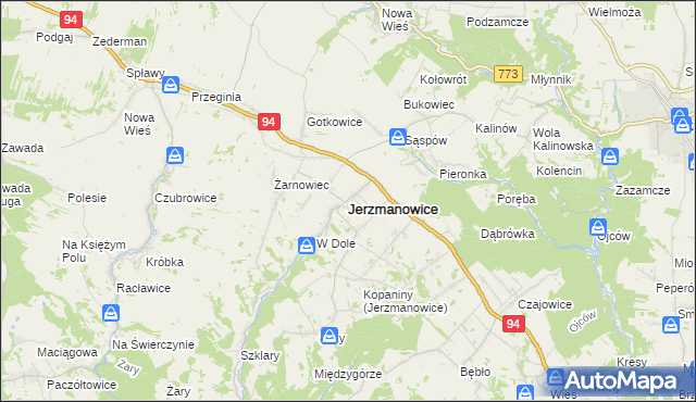 mapa Jerzmanowice gmina Jerzmanowice-Przeginia, Jerzmanowice gmina Jerzmanowice-Przeginia na mapie Targeo