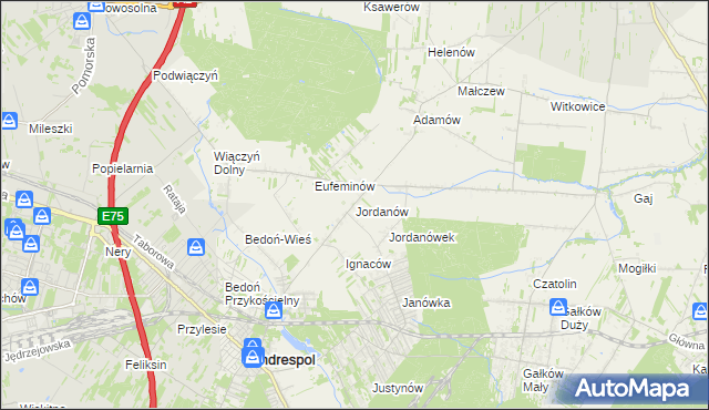 mapa Jordanów gmina Brzeziny, Jordanów gmina Brzeziny na mapie Targeo