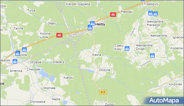 mapa Kalina gmina Herby, Kalina gmina Herby na mapie Targeo