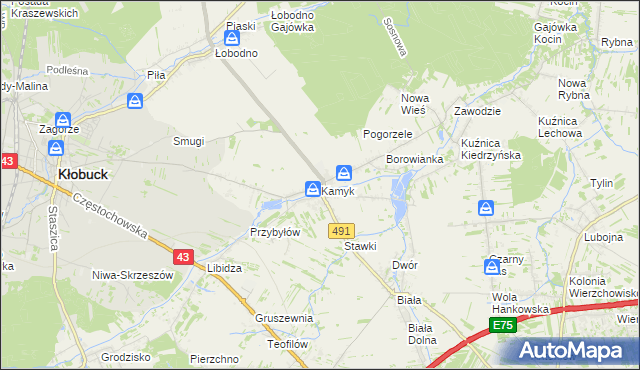 mapa Kamyk gmina Kłobuck, Kamyk gmina Kłobuck na mapie Targeo
