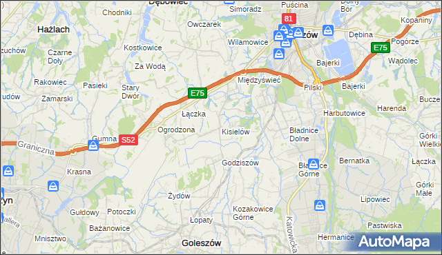 mapa Kisielów gmina Goleszów, Kisielów gmina Goleszów na mapie Targeo