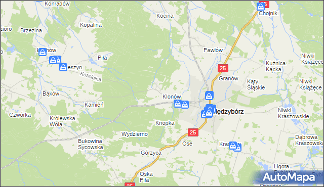 mapa Klonów gmina Międzybórz, Klonów gmina Międzybórz na mapie Targeo
