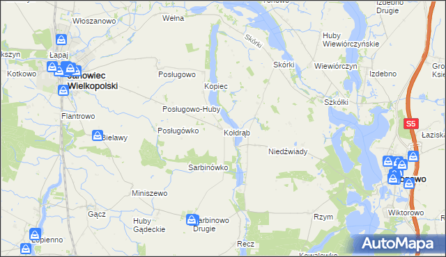 mapa Kołdrąb gmina Janowiec Wielkopolski, Kołdrąb gmina Janowiec Wielkopolski na mapie Targeo