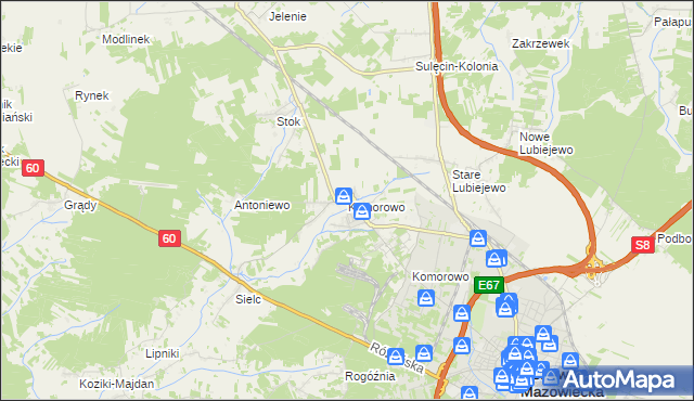 mapa Komorowo gmina Ostrów Mazowiecka, Komorowo gmina Ostrów Mazowiecka na mapie Targeo