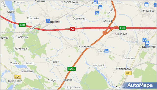 mapa Konarzewo gmina Dopiewo, Konarzewo gmina Dopiewo na mapie Targeo