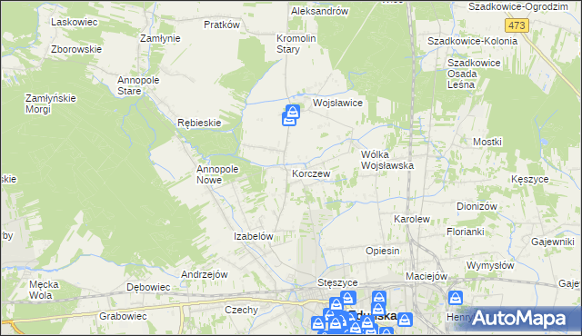 mapa Korczew gmina Zduńska Wola, Korczew gmina Zduńska Wola na mapie Targeo