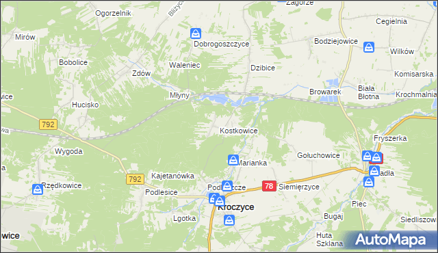 mapa Kostkowice gmina Kroczyce, Kostkowice gmina Kroczyce na mapie Targeo