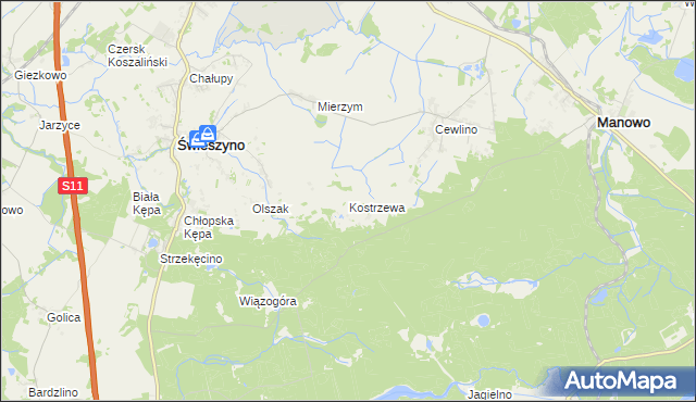 mapa Kostrzewa gmina Manowo, Kostrzewa gmina Manowo na mapie Targeo