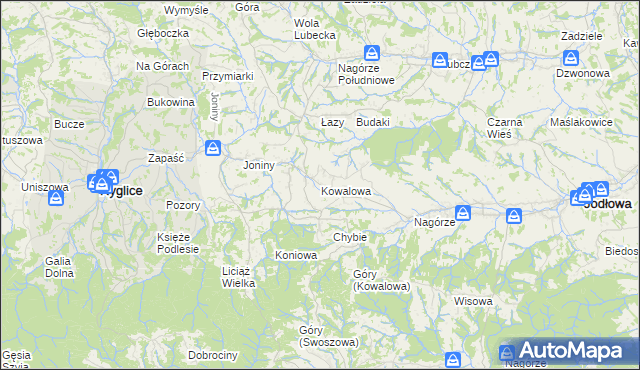 mapa Kowalowa gmina Ryglice, Kowalowa gmina Ryglice na mapie Targeo